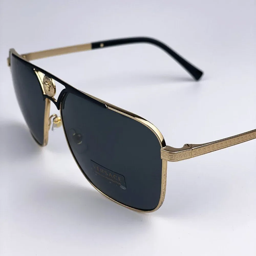 NEW Versace VE2238 143687 Gold Matte Black Gray Rectangle Metal Men Sunglasses